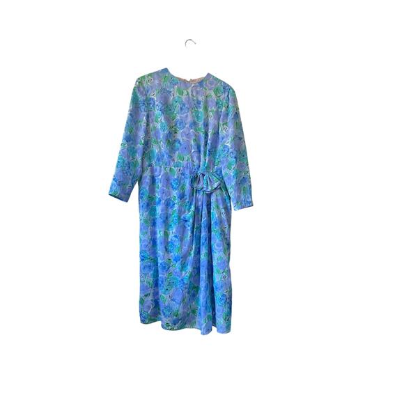 Vintage 80s blue silk long‎ sleeve midi dress size large - Picture 1 of 9